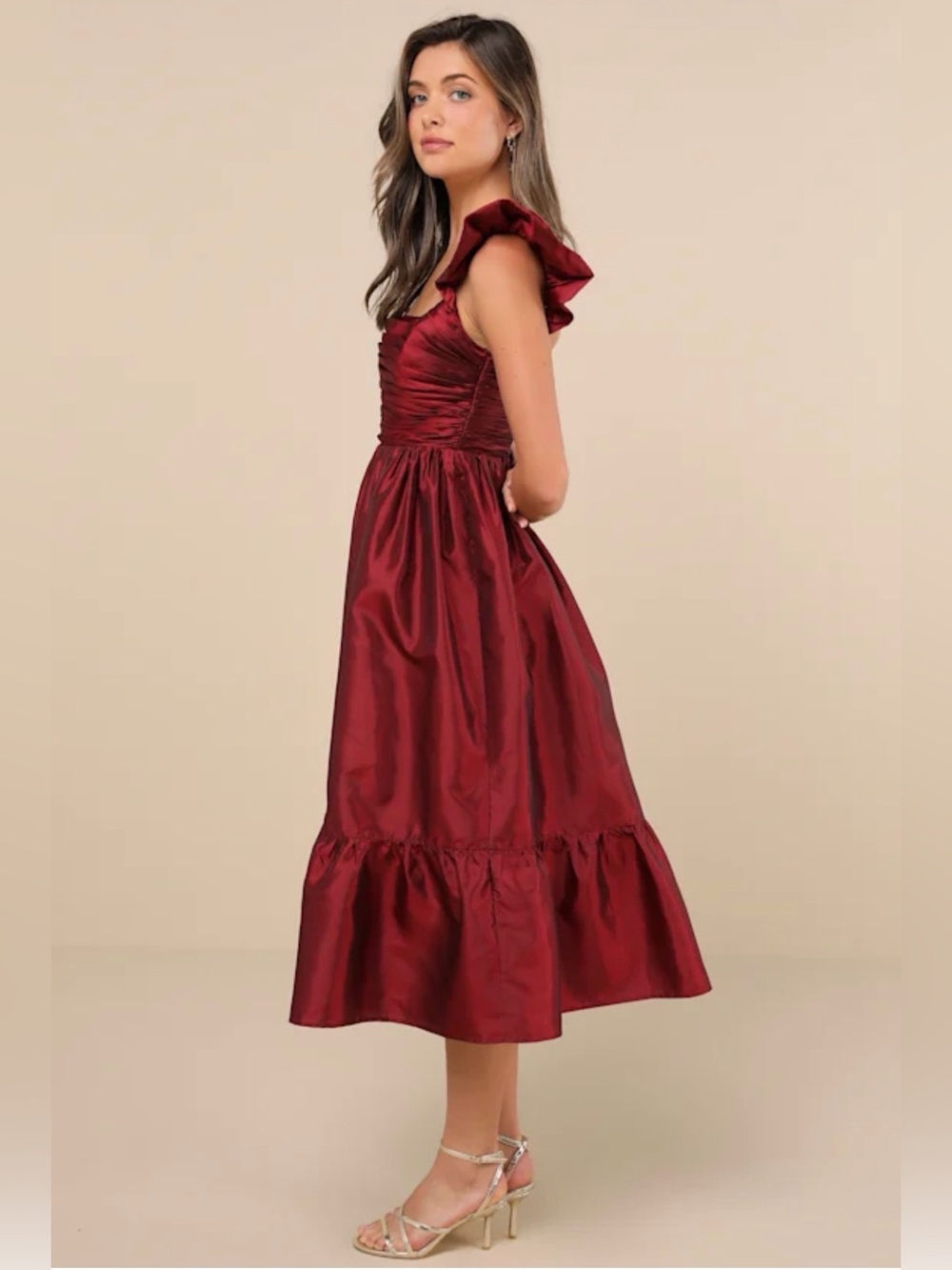 NWT Lulus Burgundy Square-Neck Taffeta Lace Up Back Midi Dress - Picture 4 of 10